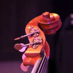 Foto der Wirbel eines Cellos in sanftem Bühnenlicht
